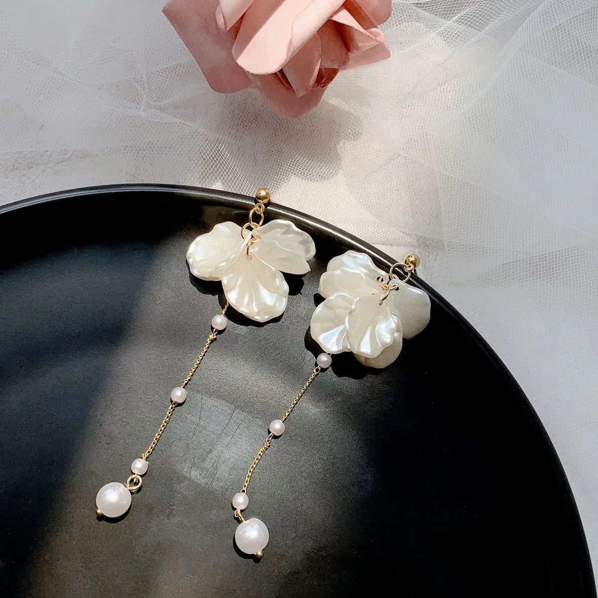 1 Pair Ig Style Sweet Flower Tassel Pearl Plating Shell Drop Earrings