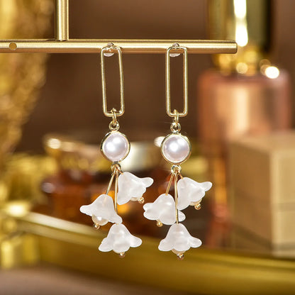 1 Pair IG Style Sweet Geometric Flower Inlay Alloy Titanium Steel Rhinestones Pearl Drop Earrings