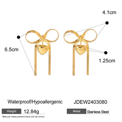 1 Pair IG Style Sweet Heart Shape Bow Knot 304 Stainless Steel 18K Gold Plated Drop Earrings