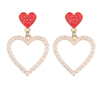 1 Pair IG Style Sweet Heart Shape Enamel Inlay Alloy Rhinestones Pearl Drop Earrings