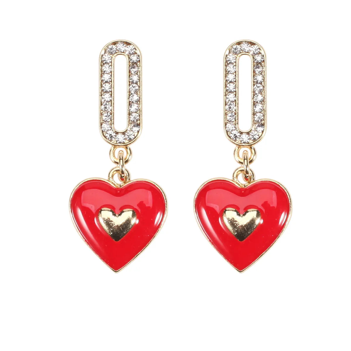 1 Pair IG Style Sweet Heart Shape Enamel Inlay Alloy Rhinestones Pearl Drop Earrings