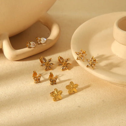 1 Pair IG Style Sweet Heart Shape Flower Butterfly Inlay 304 Stainless Steel Zircon 18K Gold Plated Ear Studs