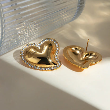 1 Pair IG Style Sweet Heart Shape Inlay 304 Stainless Steel Rhinestones 18K Gold Plated Ear Studs