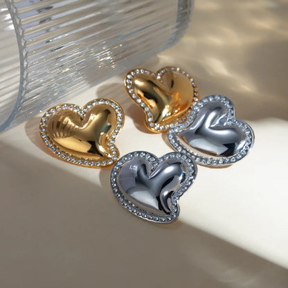 1 Pair IG Style Sweet Heart Shape Inlay 304 Stainless Steel Rhinestones 18K Gold Plated Ear Studs