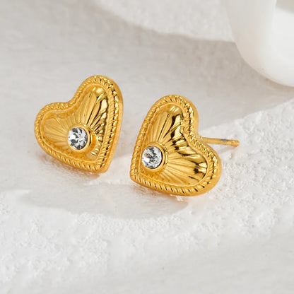 1 Pair IG Style Sweet Heart Shape Inlay 304 Stainless Steel Shell Zircon 18K Gold Plated Ear Studs