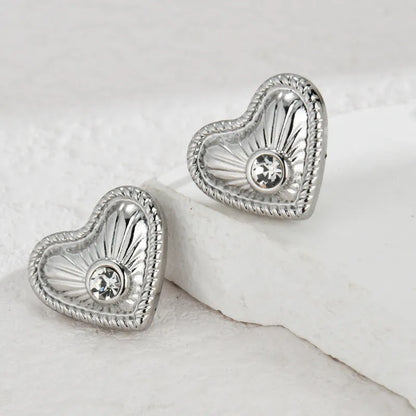 1 Pair IG Style Sweet Heart Shape Inlay 304 Stainless Steel Shell Zircon 18K Gold Plated Ear Studs