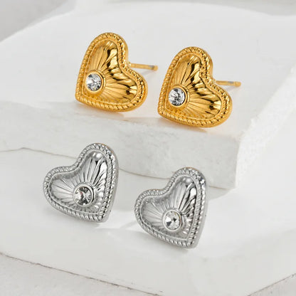 1 Pair IG Style Sweet Heart Shape Inlay 304 Stainless Steel Shell Zircon 18K Gold Plated Ear Studs