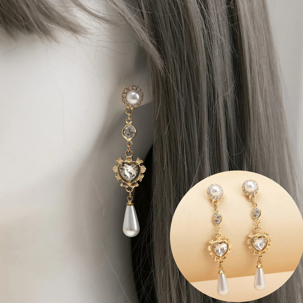 1 Pair Ig Style Sweet Heart Shape Plating Inlay Metal Artificial Pearls Zircon Drop Earrings