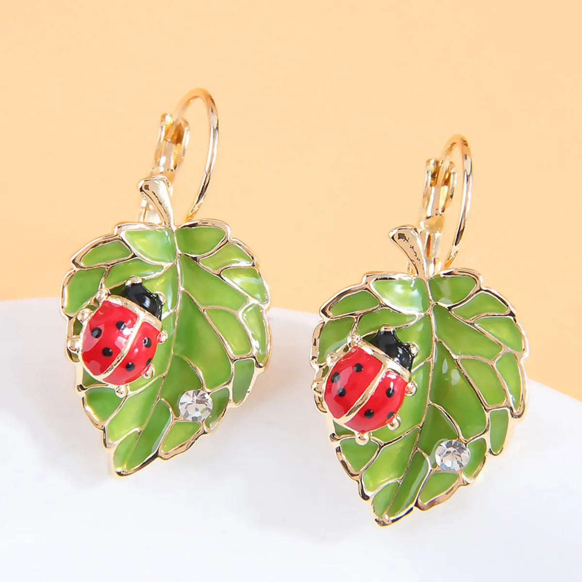 1 Pair IG Style Sweet Leaves Beetles Enamel Inlay Zinc Alloy Rhinestones Drop Earrings