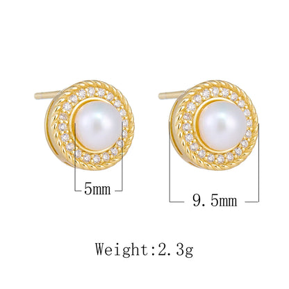 1 Pair Ig Style Sweet Round Plating Inlay Sterling Silver Pearl Zircon 14k Gold Plated Rhodium Plated Ear Studs