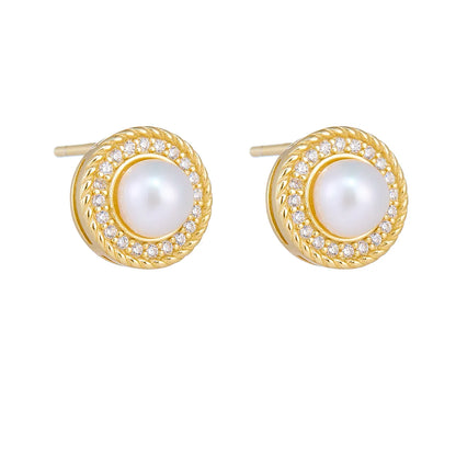 1 Pair Ig Style Sweet Round Plating Inlay Sterling Silver Pearl Zircon 14k Gold Plated Rhodium Plated Ear Studs