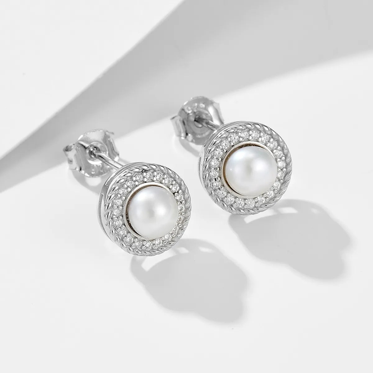 1 Pair Ig Style Sweet Round Plating Inlay Sterling Silver Pearl Zircon 14k Gold Plated Rhodium Plated Ear Studs