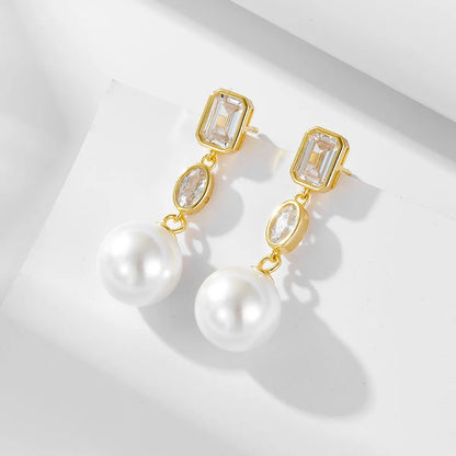 1 Pair Ig Style Sweet Round Square Oval Plating Inlay Sterling Silver Pearl Zircon 14k Gold Plated Rhodium Plated Drop Earrings