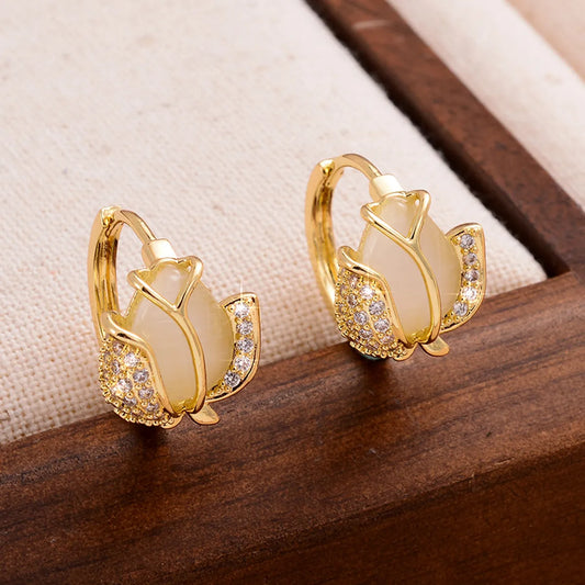 1 Pair Ig Style Sweet Tulip Plating Inlay Copper Opal Zircon 14k Gold Plated Earrings