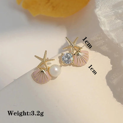 1 Pair IG Style Tropical Starfish Shell Enamel Inlay Alloy Rhinestones Pearl Ear Studs