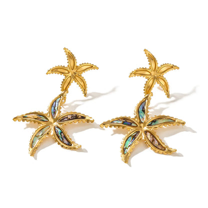 1 Pair IG Style Vacation Beach Starfish Inlay 304 Stainless Steel Shell 18K Gold Plated Drop Earrings