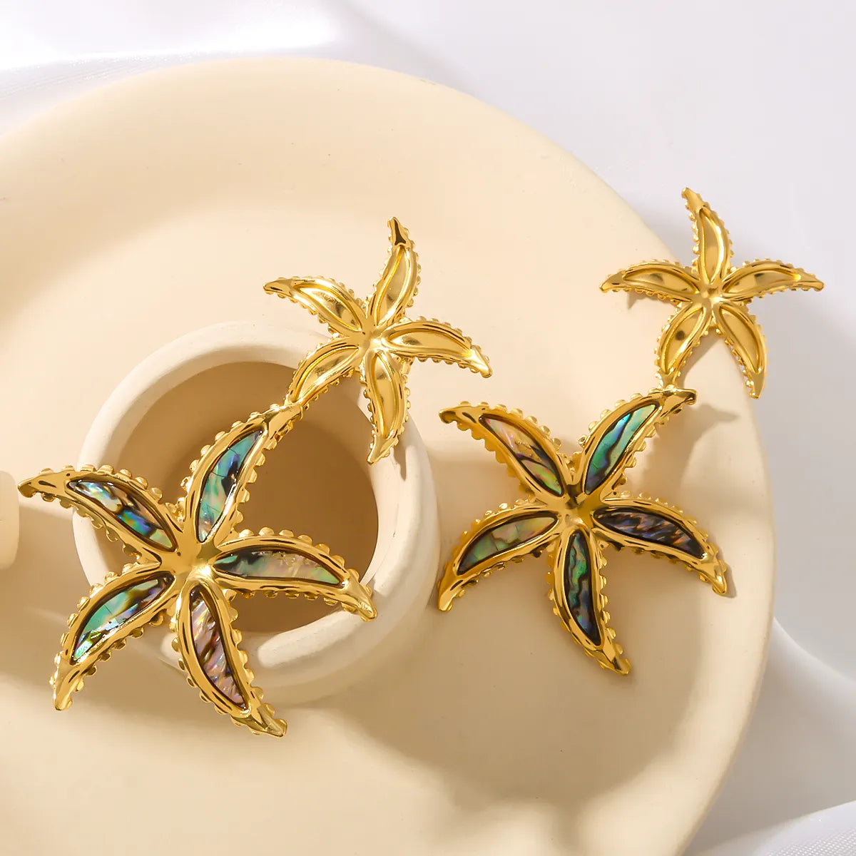 1 Pair IG Style Vacation Beach Starfish Inlay 304 Stainless Steel Shell 18K Gold Plated Drop Earrings