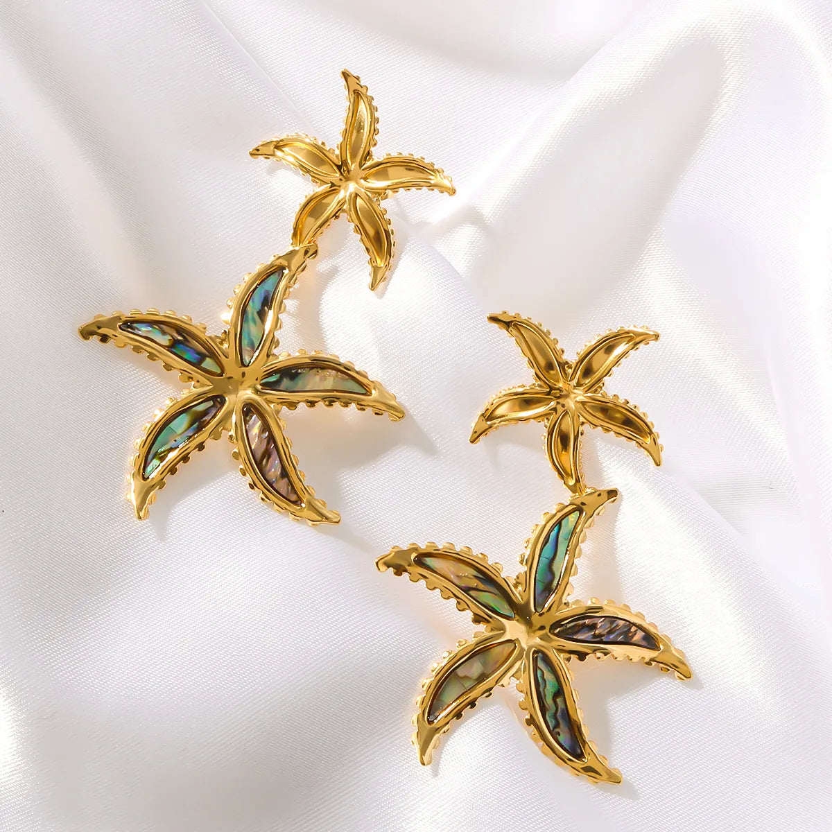 1 Pair IG Style Vacation Beach Starfish Inlay 304 Stainless Steel Shell 18K Gold Plated Drop Earrings