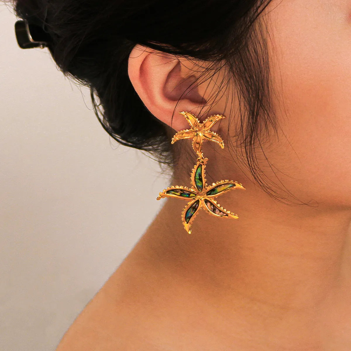 1 Pair IG Style Vacation Beach Starfish Inlay 304 Stainless Steel Shell 18K Gold Plated Drop Earrings