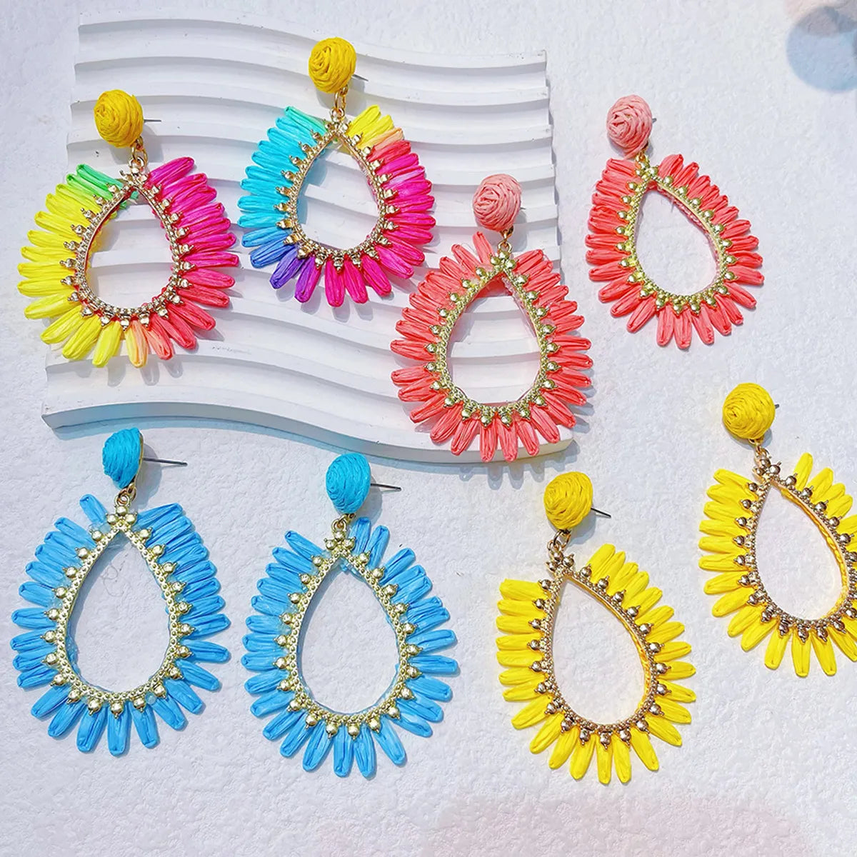 1 Pair IG Style Vacation Bohemian Water Droplets Alloy Raffia Drop Earrings