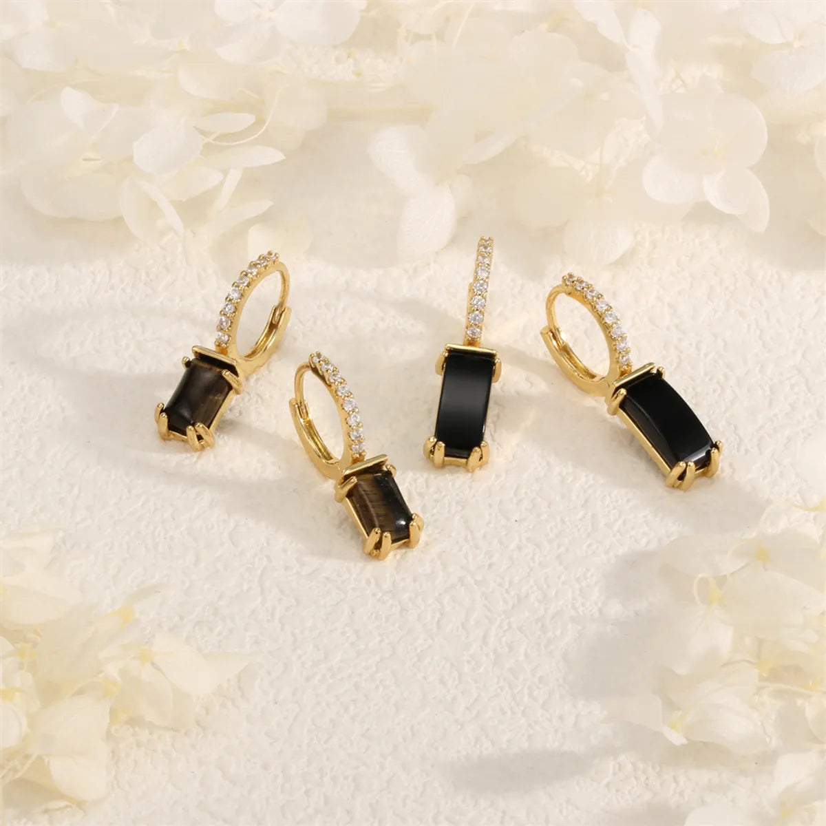 1 Pair IG Style Vintage Style Circle Rectangle Inlay Copper Agate Obsidian 18K Gold Plated Drop Earrings