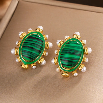 1 Pair IG Style Vintage Style Oval Enamel Plating Inlay 304 Stainless Steel Artificial Pearls Turquoise 18K Gold Plated Ear Studs