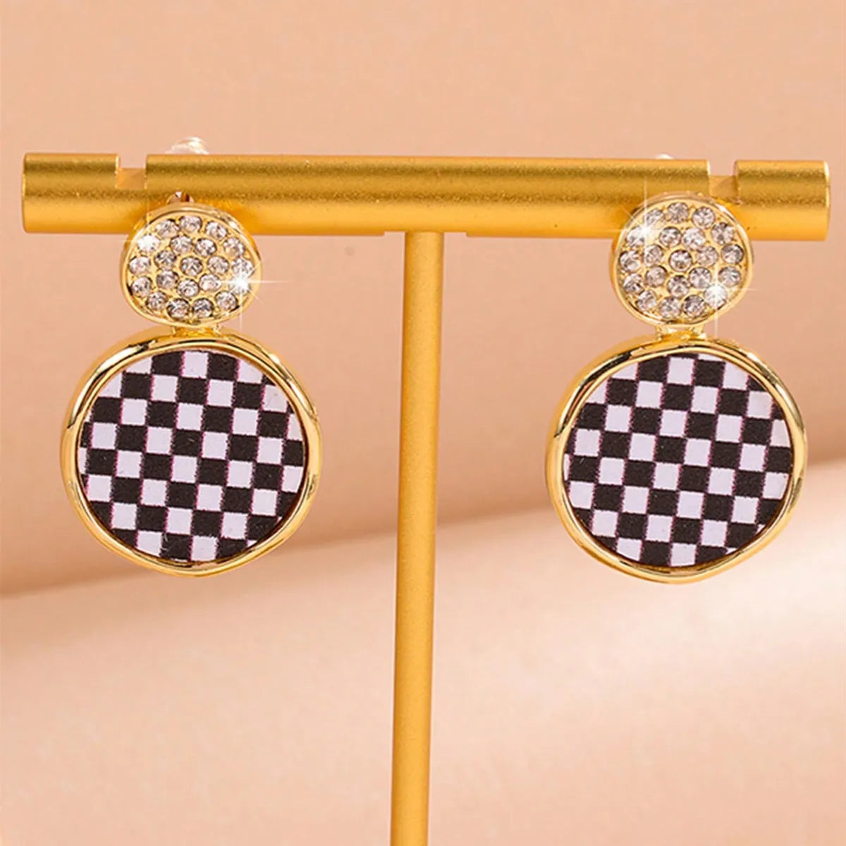 1 Pair IG Style Vintage Style Round Checkered Inlay Alloy Rhinestones 18K Gold Plated Drop Earrings