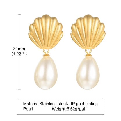 1 Pair Ins Style Baroque Style Scallop Stainless Steel Pearl Plating 18k Gold Plated Drop Earrings