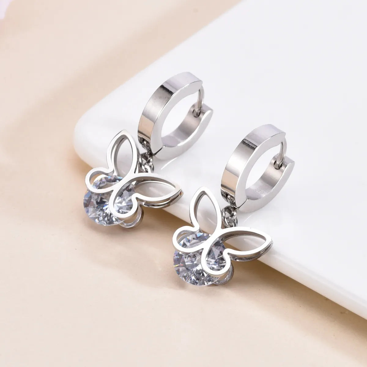 1 Pair INS Style Butterfly Inlay Stainless Steel Zircon 18K Gold Plated Drop Earrings