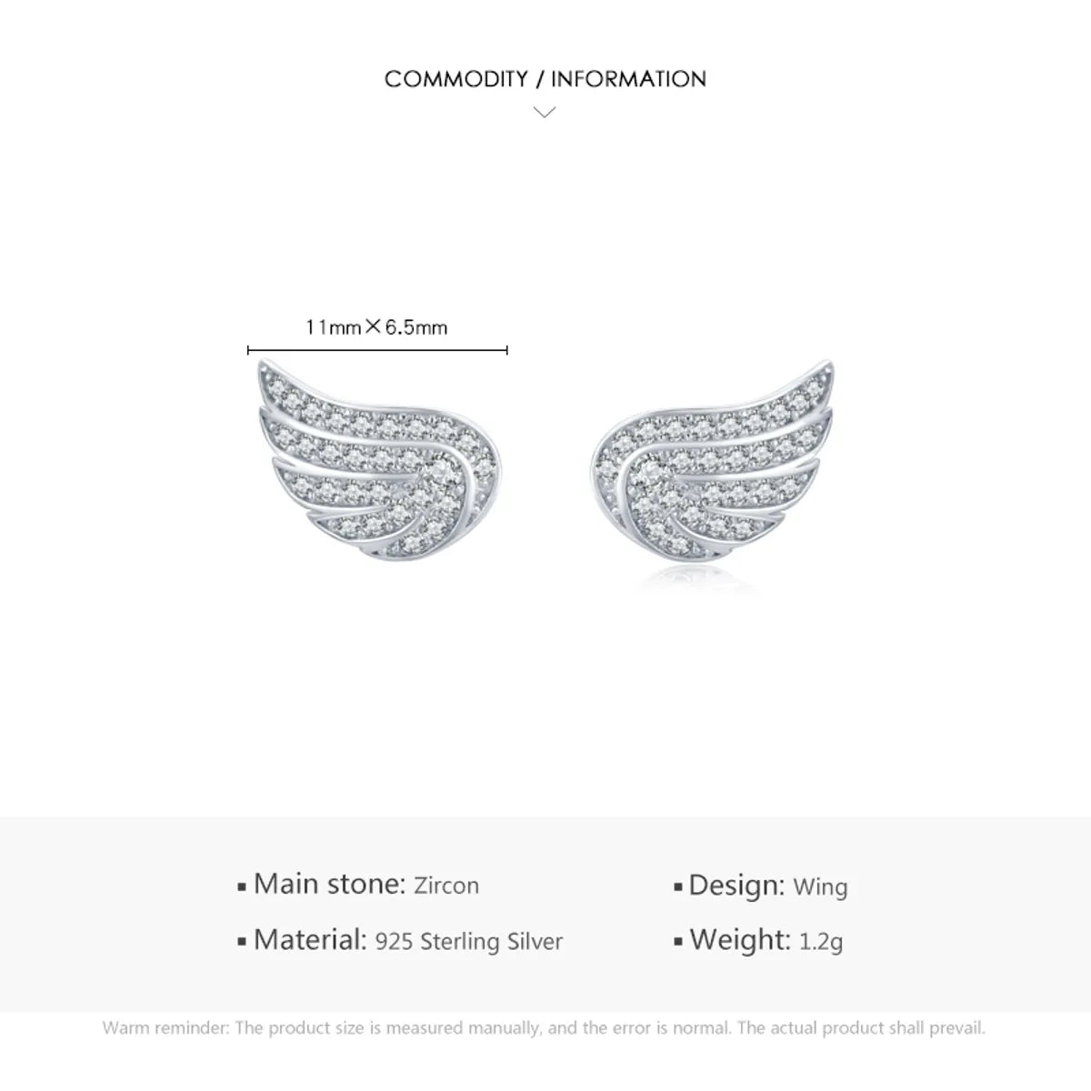 1 Pair Ins Style Fairy Style Korean Style Angel Wings Sterling Silver Plating Inlay Zircon Rhodium Plated Ear Studs