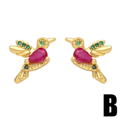 1 Pair Glam Heart Shape Bird Inlay Copper Color Zircon Ear Studs