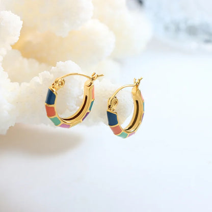 1 Pair INS Style Round Enamel Plating 304 Stainless Steel 18K Gold Plated Hoop Earrings