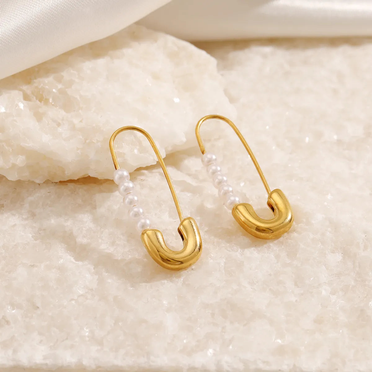 1 Pair Simple Style Paper Clip Pearl Plating Stainless Steel 18k Gold Plated Earrings