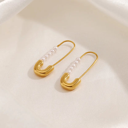 1 Pair Simple Style Paper Clip Pearl Plating Stainless Steel 18k Gold Plated Earrings