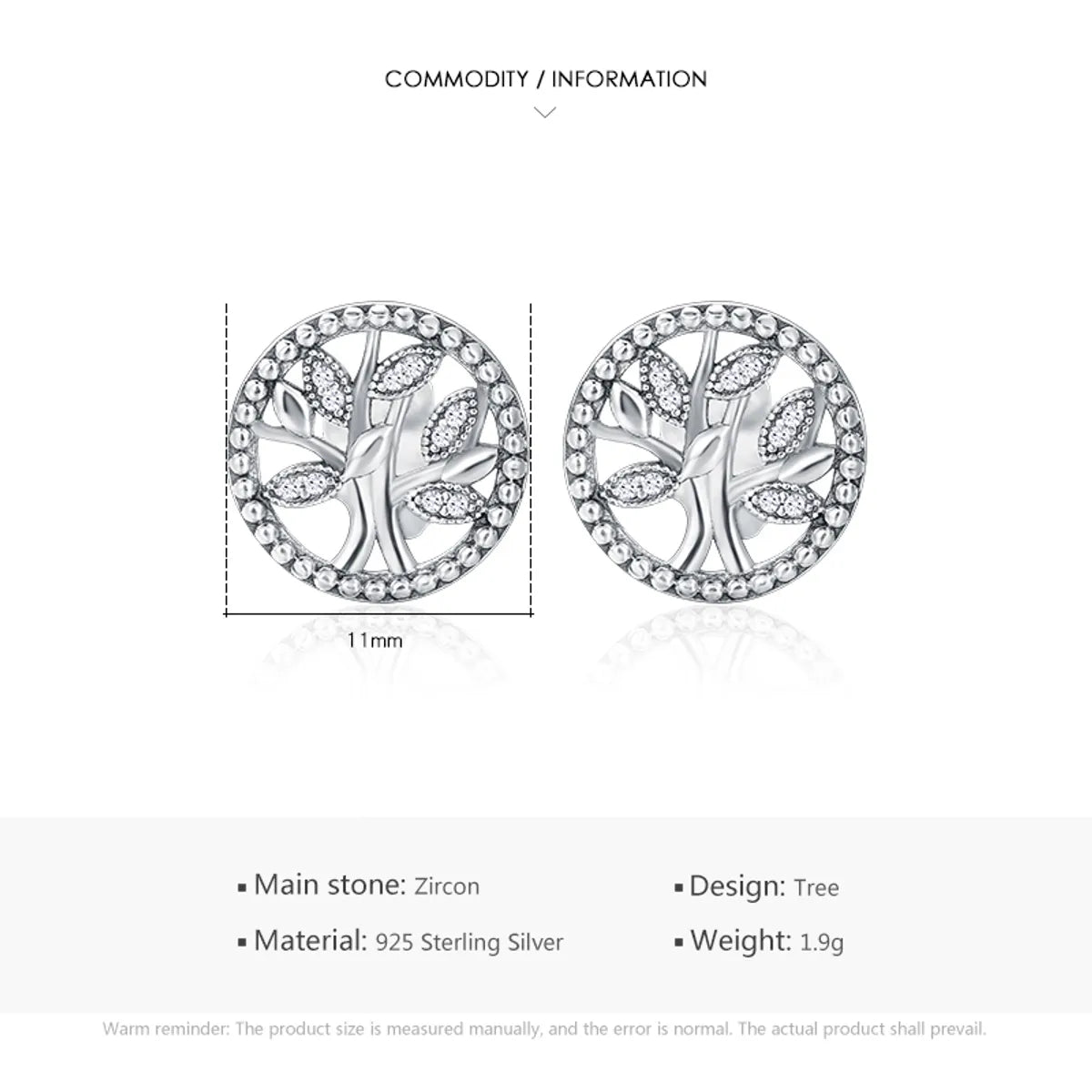 1 Pair Ins Style Tree Of Life Sterling Silver Inlay Zircon Silver Plated Ear Studs