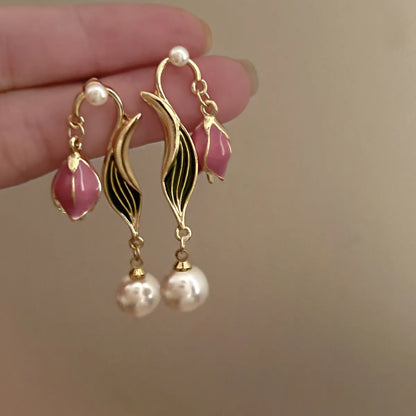 1 Pair Korean Style Flower Enamel Imitation Pearl Alloy Drop Earrings