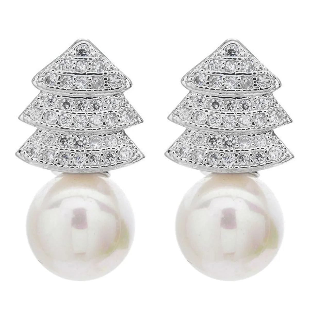 1 Pair Korean Style Tree Plating Inlay Copper Artificial Pearls Zircon White Gold Plated Ear Studs