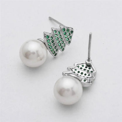 1 Pair Korean Style Tree Plating Inlay Copper Artificial Pearls Zircon White Gold Plated Ear Studs