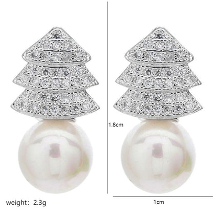 1 Pair Korean Style Tree Plating Inlay Copper Artificial Pearls Zircon White Gold Plated Ear Studs