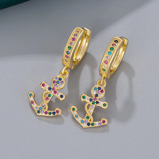 1 Pair Lady Anchor Inlay Copper Zircon Drop Earrings