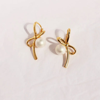 1 Pair Lady Bow Knot Plating Imitation Pearl Brass Ear Studs