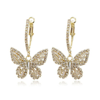 1 Pair Lady Butterfly Metal Inlay Rhinestones Zircon Women's Drop Earrings