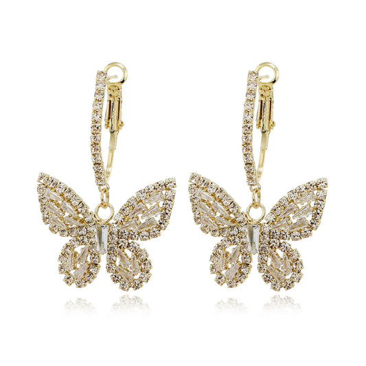 1 Pair Lady Butterfly Metal Inlay Rhinestones Zircon Women's Drop Earrings