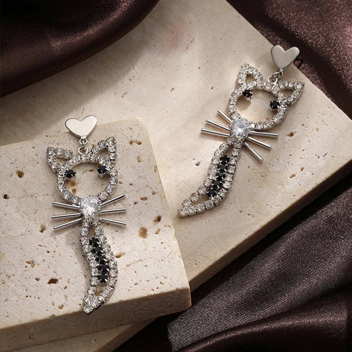 1 Pair Lady Cat Plating Inlay Copper Zircon Silver Plated Drop Earrings