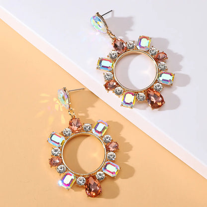 1 Pair Lady Circle Rhinestone Inlay Artificial Gemstones Women'S Drop Earrings