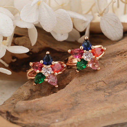 1 Pair Lady Classic Style Flower Inlay Brass Zircon Hoop Earrings