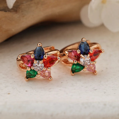 1 Pair Lady Classic Style Flower Inlay Brass Zircon Hoop Earrings