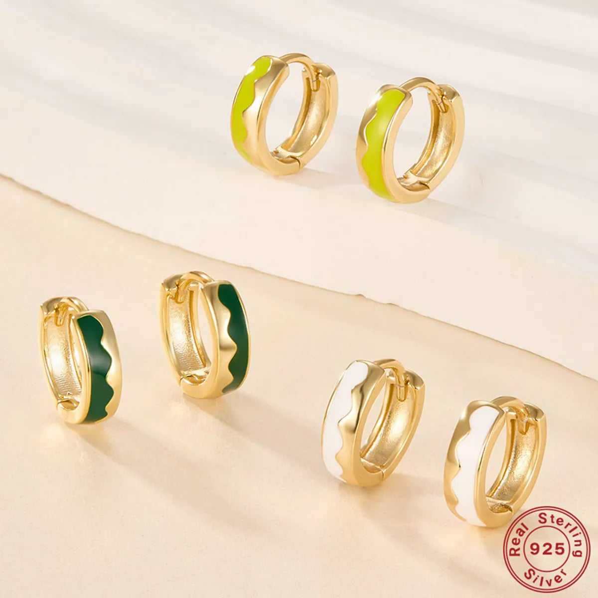 1 Pair Lady Classic Style Geometric Enamel Plating Sterling Silver 18k Gold Plated Hoop Earrings