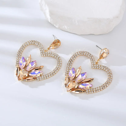 1 Pair Lady Classic Style Heart Shape Inlay Alloy Rhinestones Drop Earrings