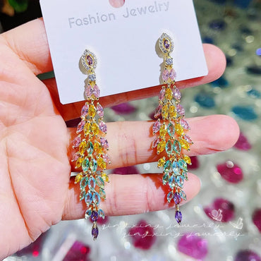 1 Pair Lady Classic Style Leaf Rhombus Tassel Inlay Copper Zircon Drop Earrings